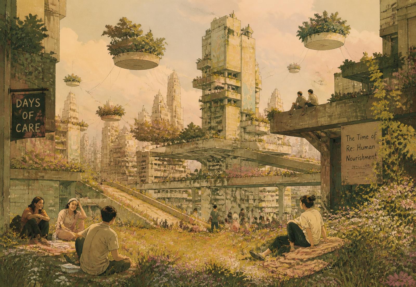 Painterly illustration of a post-work city: brutalist towers with floating gardens, people resting in wildflower meadows